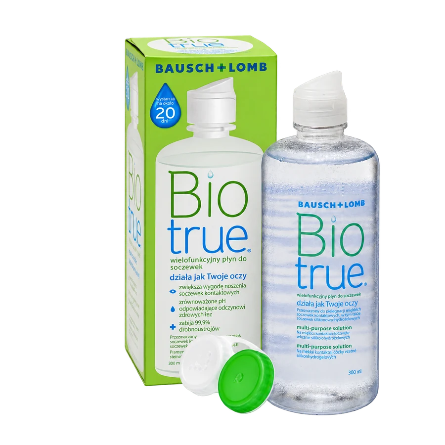 biotrue-300ml Bausch & Lomb Biotrue płyn wielofunkcyjny 300 ml – opakowanie, butelka i pojemnik